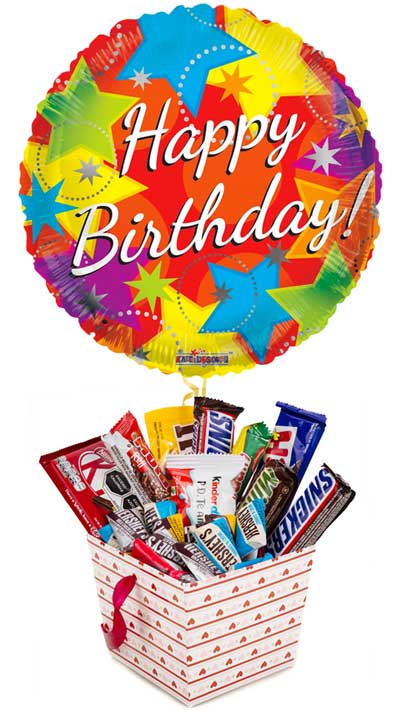 Assorted chocolates and Happy Birthday balloon