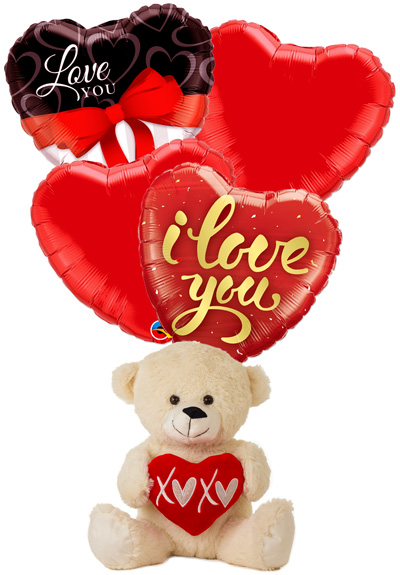 Teddy bear and I Love You balloons